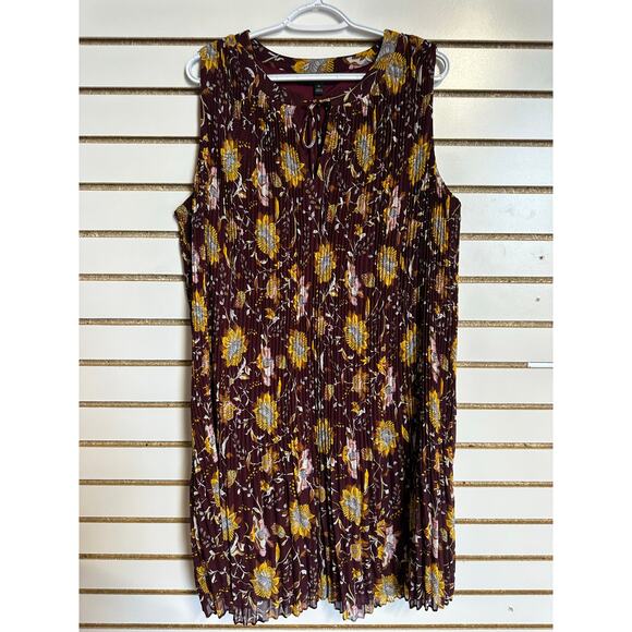Lane Bryant Burgundy Gold Floral Dress 16 1X Pleated Flowy - Picture 1 of 9